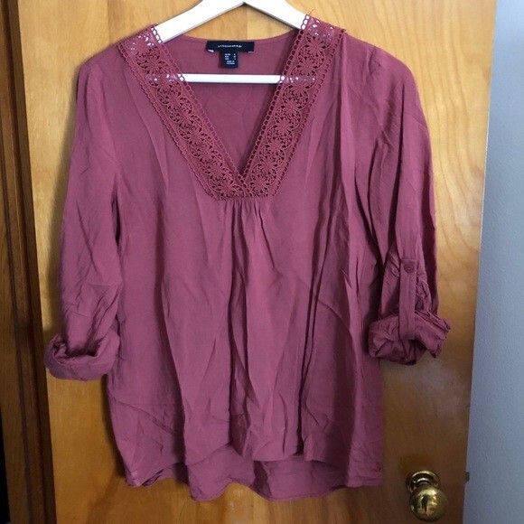 Atmosphere Blouse Top Dusty Rose Pink Crochet V-Neck Popover Boho Small Size 4 - Picture 1 of 7